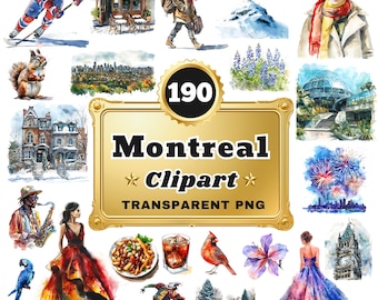 190 Watercolor Montreal PNG Clipart, Vibrant Montreal Cityscapes and Cultural Highlights for Art, Decor & Educational Projects