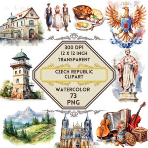 73 Watercolor Czech Republic PNG ClipArt Bundle, Czech Summer Travel, Landmark Clip Art, Central European Vacation, Dream Travel Clipart