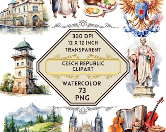 73 Watercolor Czech Republic PNG ClipArt Bundle, Czech Summer Travel, Landmark Clip Art, Central European Vacation, Dream Travel Clipart