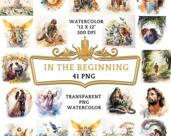 41 PNG Watercolor In The Beginning Clip Art | Christian Religious Bible Based Story For Scrapbooking, Junk journal Or Digital Printing