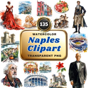 Puede incluir: Ilustraciones de acuarela de Nápoles, Italia, que incluyen una mujer con un vestido rojo, un paisaje urbano, un estadio, una iglesia, un castillo y un plato de comida. Las ilustraciones están en un estilo de acuarela y tienen un toque vintage.