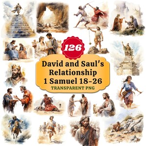Puede incluir: Un collage de pinturas de acuarela que representan escenas de la historia bíblica de la relación entre David y Saúl. El título "David and Saul's Relationship 1 Samuel 18-26 TRANSPARENT PNG" se muestra en una pancarta amarilla.