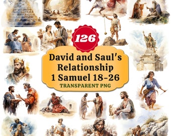 Puede incluir: Un collage de pinturas de acuarela que representan escenas de la historia bíblica de la relación entre David y Saúl. El título "David and Saul's Relationship 1 Samuel 18-26 TRANSPARENT PNG" se muestra en una pancarta amarilla.