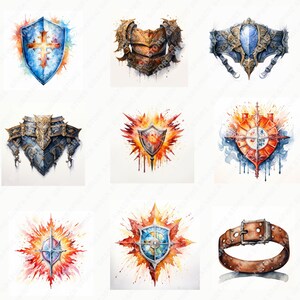 May include: Nine watercolor illustrations of various shields, armor, and a belt. The shields are decorated with different designs and colors, including blue, red, and gold. The armor is made of metal and has a detailed design. The belt is brown leather with a metal buckle.