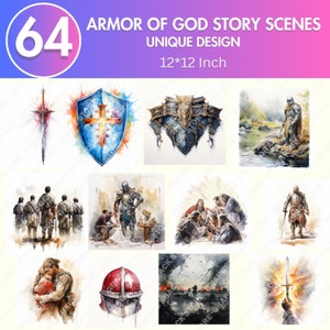 May include: A set of 64 watercolor illustrations depicting scenes from the Armor of God story. Each illustration is 12 inches by 12 inches and features a unique design.