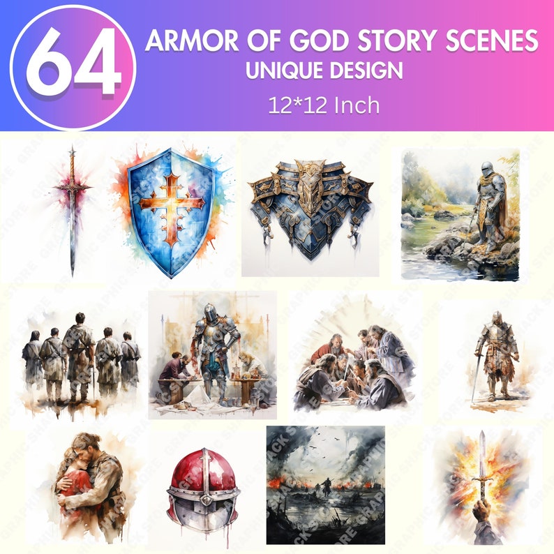May include: A set of 64 watercolor illustrations depicting scenes from the Armor of God story. Each illustration is 12 inches by 12 inches and features a unique design.