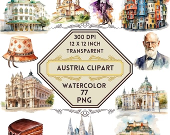 77 Watercolor Austria PNG ClipArt Bundle, Austria Summer Travel, Landmark Clip Art Alpine Adventure Vienna Architecture Dream Travel Clipart