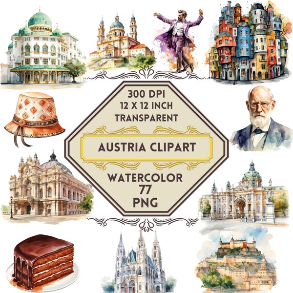 77 Watercolor Austria PNG ClipArt Bundle, Austria Summer Travel, Landmark Clip Art Alpine Adventure Vienna Architecture Dream Travel Clipart