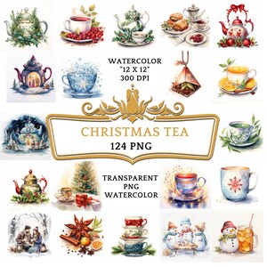 May include: A set of 124 watercolour illustrations of Christmas tea, featuring teacups, teapots, tea bags, and winter scenes. The illustrations are in a vintage style and are ideal for adding a touch of festive cheer to your projects.