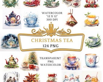 124 Watercolor Christmas Tea Clipart PNG Bundle | Holiday Tea Time Images | Holiday Breakfast Graphics, Digital Download, Commercial Use