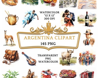 Paquete de 145 imágenes prediseñadas de acuarela de Argentina, viajes de verano en Argentina, gastronomía, lugares emblemáticos, vacaciones en Buenos Aires, viajes de ensueño.