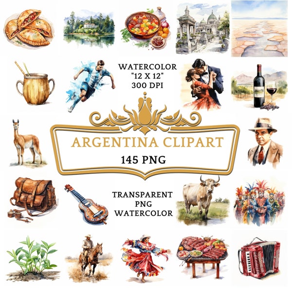 145 Watercolor Argentina PNG ClipArt Bundle, Argentina Summer Travel, Food, Landmark Clip Art, Buenos Aires Vacation, Dream Travel Clipart