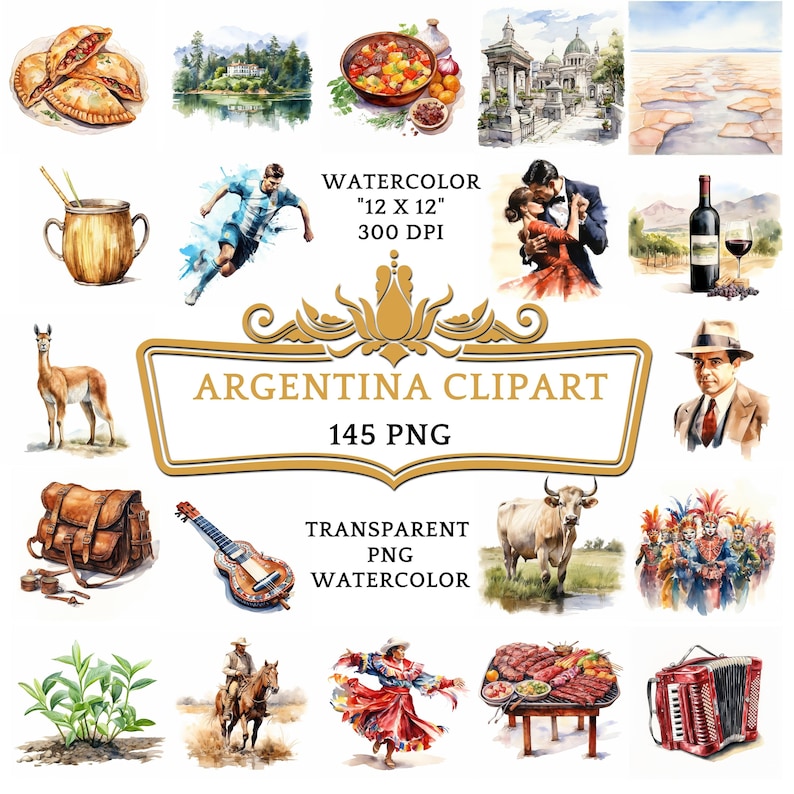 May include: A set of 145 watercolor clipart images depicting various aspects of Argentina, including food, architecture, animals, and cultural elements. The images are in a vibrant, colorful style and are perfect for use in digital projects or printed materials.