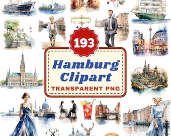 193 Watercolor Hamburg PNG Clipart, Harbor City Charm Scenic Cityscapes and Cultural Icons for Art, Decor & Educational Projects