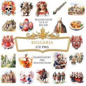 172 Watercolor Bulgaria PNG ClipArt Bundle, Bulgaria Travel Sights, Balkan Landmarks, Sofia Cityscape, Rose Festival, Dream Travel Clipart