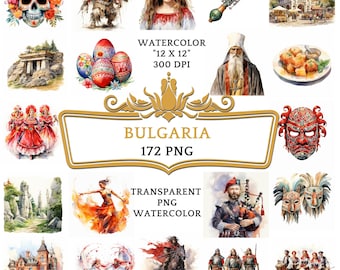 172 Watercolor Bulgaria PNG ClipArt Bundle, Bulgaria Travel Sights, Balkan Landmarks, Sofia Cityscape, Rose Festival, Dream Travel Clipart
