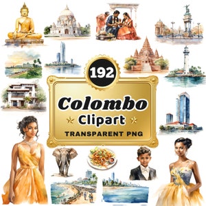 May include: A collection of 192 watercolour illustrations of Colombo, Sri Lanka. The illustrations include people, buildings, food, and other scenes from the city. The illustrations are in a variety of colours and styles. The text "Colombo Clipart" and "TRANSPARENT PNG" is included in the image.