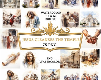 75 PNG Acquerello Gesù purifica il tempio Clip Art/Storia religiosa cristiana basata sulla Bibbia per sublimazione, scrapbooking o stampa digitale