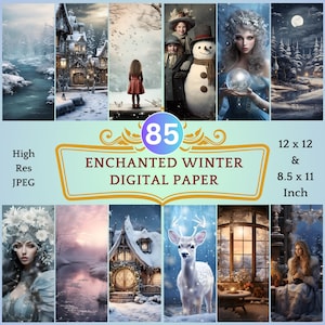 85 Enchanted Winter Digital Paper | Cozy Wintery Scenes for Backgrounds, Fantasy Landscapes for Scrapbooking, Junk Journaling, and More