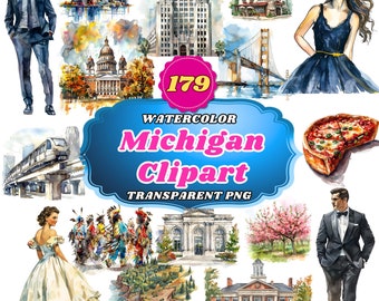 179 Watercolor Michigan Cliparts, Great Lakes Splendor: - Picturesque Landscapes & Iconic Landmark Illustrations for Art, Decor And Projects