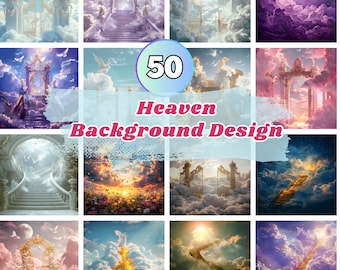 50x Heaven Background PNG Bundle, In Loving Memory PNG, Blue Purple Pink Golden Yellow Sunset, Garden, Clould, Heaven Stair Steps & Gate