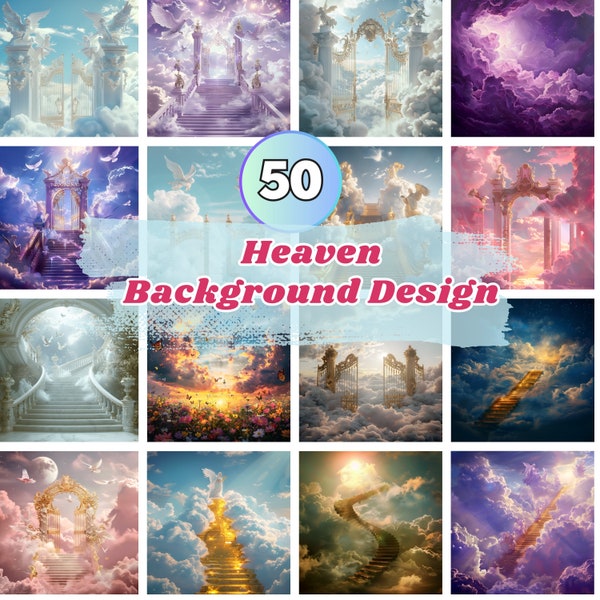 50x Heaven Background PNG Bundle, In Loving Memory PNG, Blue Purple Pink Golden Yellow Sunset, Garden, Clould, Heaven Stair Steps & Gate