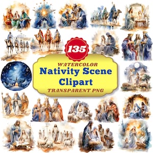 135 Watercolor Nativity Scene Cliparts - Holy Night PNG: Serene and Beautiful Illustrations of the Christmas Story for Decor, Cards & Crafts