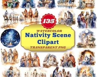 135 Watercolor Nativity Scene Cliparts - Holy Night PNG: Serene and Beautiful Illustrations of the Christmas Story for Decor, Cards & Crafts
