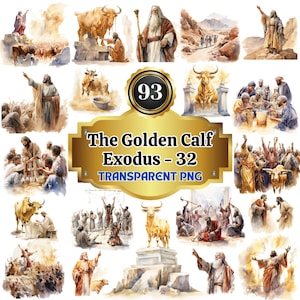 93 clipart ad acquerello di The Golden Calf Exodus 32, collezione di racconti iconici, straordinarie illustrazioni di storie bibliche per l’istruzione, l’arte e l’arredamento