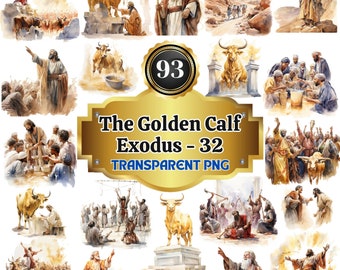 93 Watercolor Cliparts of The Golden Calf Exodus 32, Iconic Tales Collection Striking Biblical Story Illustration for Education, Art & Decor