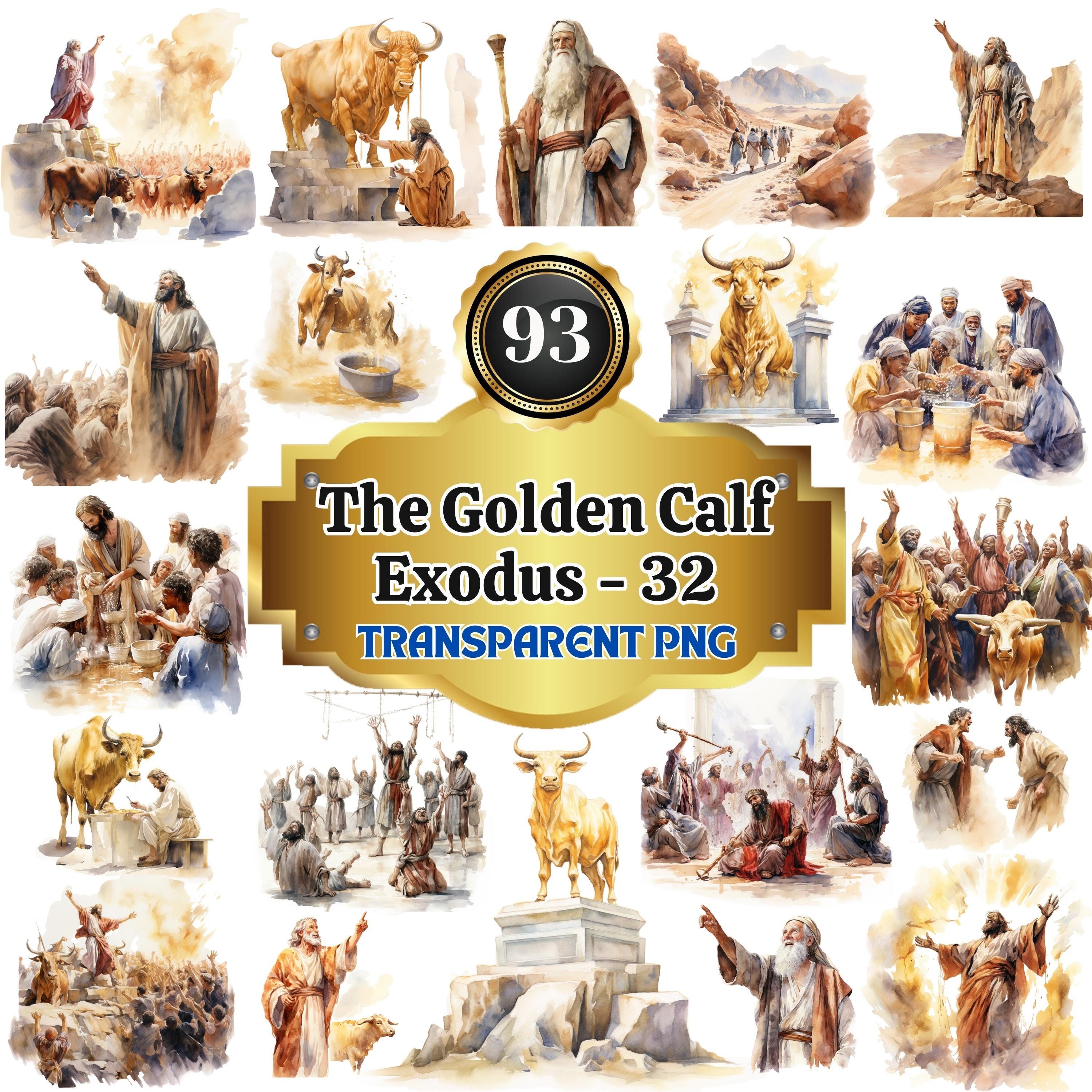 93 Watercolor Cliparts of the Golden Calf Exodus 32, Iconic