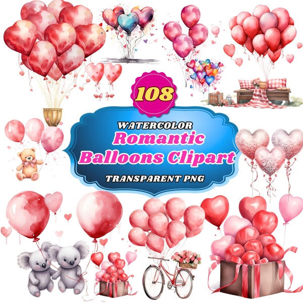 108 Romantic Balloons Watercolor Set: Valentine's Day Clipart - Charming and Colorful Balloon Illustrations for Invitations, Cards & Crafts