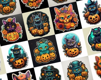 Halloween Cat Digital Stickers, Kitten Stickers, PNG, SVG, Spooky Stickers, Printable Stickers, Halloween Stickers Pack, Halloween Cat Decal