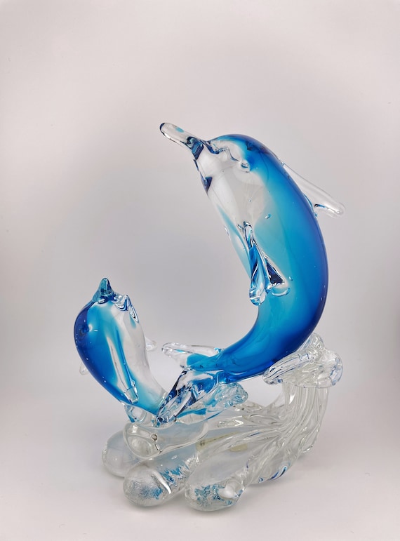 Hand Blown Glass Dolphin Sculpture | Blue Crystal Figurine 9