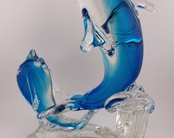 手吹きガラスのイルカ彫刻 | ブルークリスタルフィギュア 9インチ