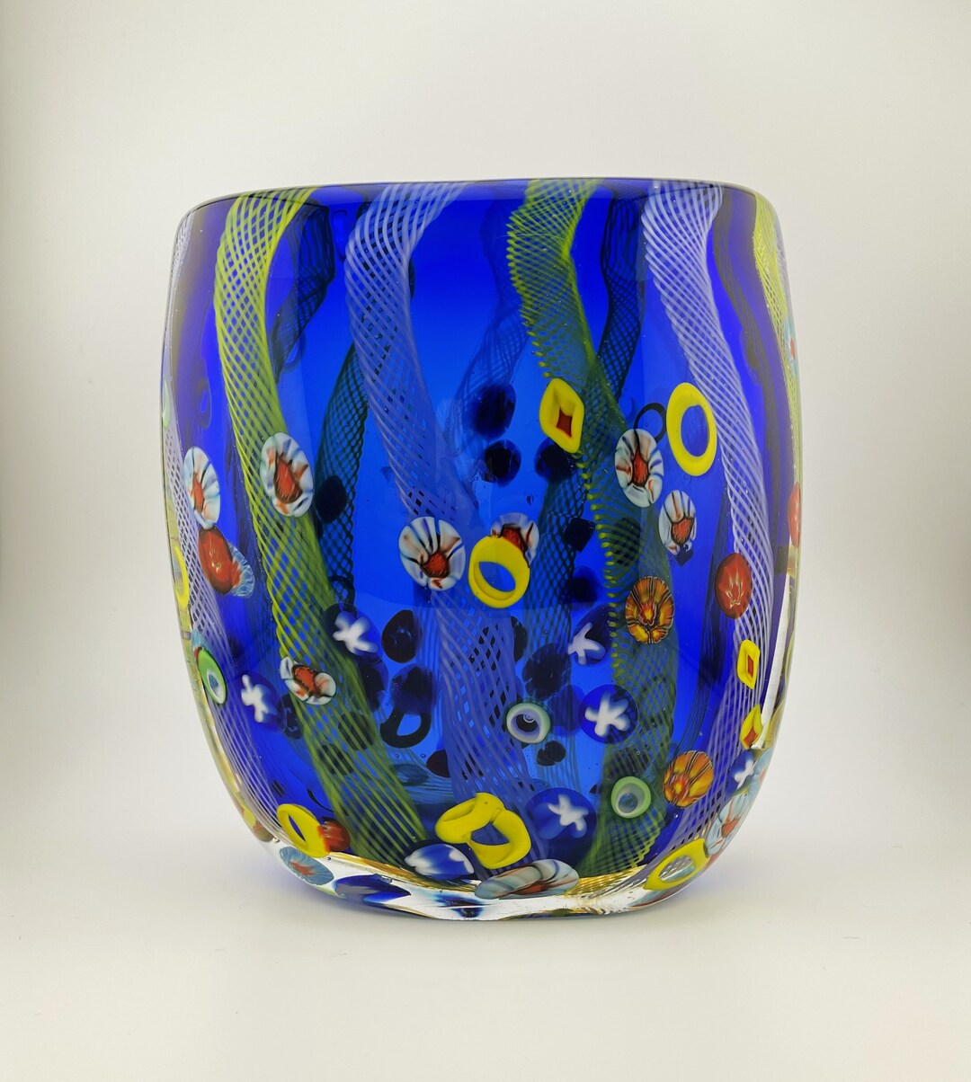 Millefiori Vase Cobalt Blue, Murano Style Heavy Art Glass Vase