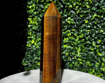 May include: A polished tiger's eye crystal point. The gemstone features a rich, golden-brown color with streaks and patterns. The crystal is a tall, hexagonal prism with a pointed top. The background is a green hedge.