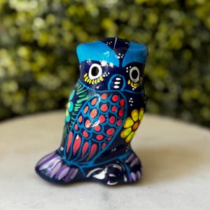 Hand-Painted Owl Figurine – Bright Folk Art Ceramic Sculpture Boho Decor Vintage Blue Owl