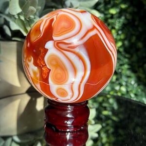 May include: A polished agate sphere with swirling patterns of orange, white, and red. The gemstone is displayed on a small, dark red wooden stand, reflecting light. The sphere's design is reminiscent of a natural landscape.