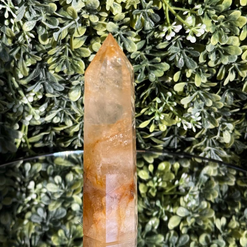 May include: A tall, polished quartz crystal point with a golden-orange hue and natural inclusions. The crystal is rectangular with a pointed top. The background is a mix of green foliage and a reflective surface.