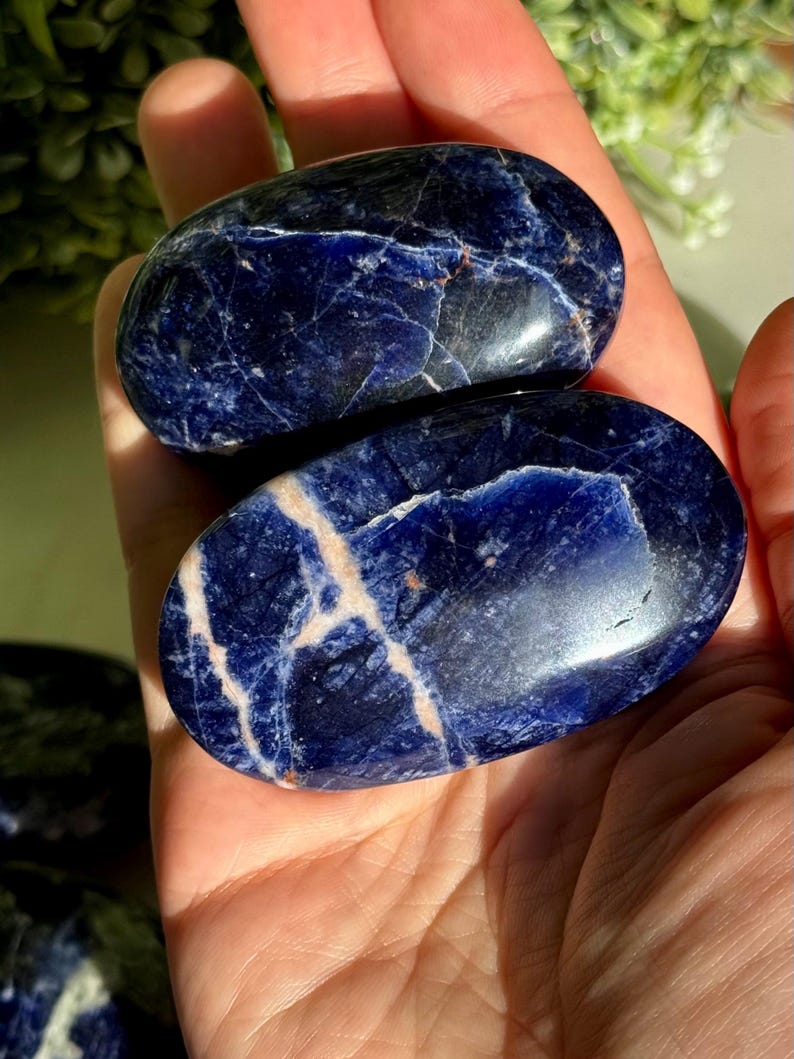 May include: Two polished sodalite stones, oval-shaped, are held in a hand. The stones are a deep blue with white and light beige veining. The smooth, rounded stones are displayed in natural light.