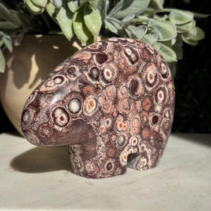 May include: A polished stone carving of a bear, crafted from orbicular jasper. The surface features a dense pattern of circular, eye-like inclusions in shades of deep brown, reddish-maroon, cream, and tan, creating a textured, mottled appearance.