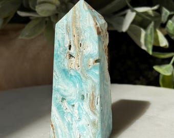 Blue Aragonite Crystal Tower: Calming Spiritual Decor