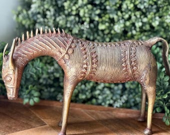 Vintage Brass Horse Figurine: Tribal Boho Equestrian Decor
