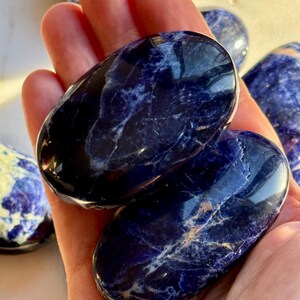 May include: Two polished sodalite stones with a deep blue color and white veining are held in a hand. Additional stones are visible in the background. The stones have an oval shape and a smooth, glossy finish.