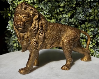 Vintage Brass Lion Figurine: Boho Home Decor Accent