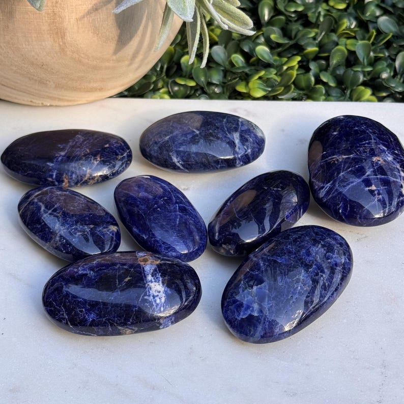May include: A collection of seven polished sodalite stones. The stones are oval-shaped with a deep blue color and white veining. They are arranged on a white surface, with a blurred background of greenery and a wooden pot.