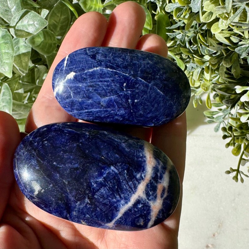May include: Two polished sodalite stones, oval-shaped, held in a hand. The stones are a deep blue with white and light brown veining. The background includes green foliage.
