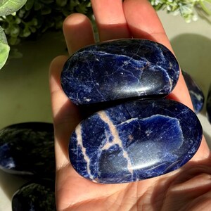 May include: Two polished sodalite stones, oval-shaped, are held in a hand. The stones are a deep blue color with white and light beige veining. The background includes green foliage.