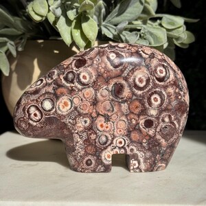 May include: A carved stone bear figurine in shades of brown, cream, and reddish-orange. The bear has a rounded body and a small opening at the base. The stone has a unique pattern of circular and oval shapes.